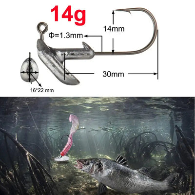 14g lead head jig hook with 1.3mm eye, long body and curved steel hook