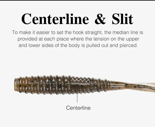 Gray-brown soft plastic worm lure showing centerline slit and hook position.