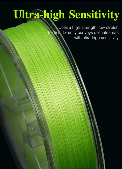 Bright green braided PE fishing line spool wound in tight coils