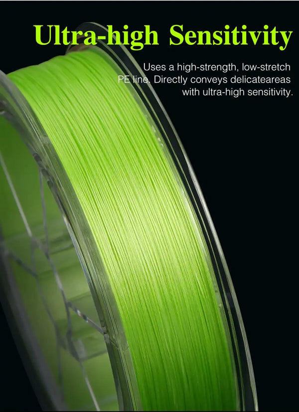 Bright green braided PE fishing line spool wound in tight coils