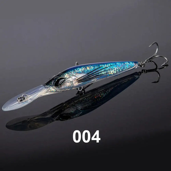 Blue metallic trolling minnow lure with 3D eye and two treble hook sets