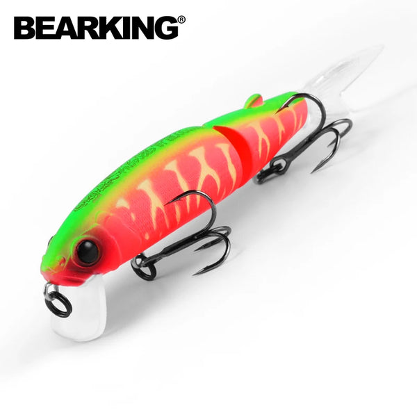 Jointed swimbait lure, bright red and green hard body with two treble hooks