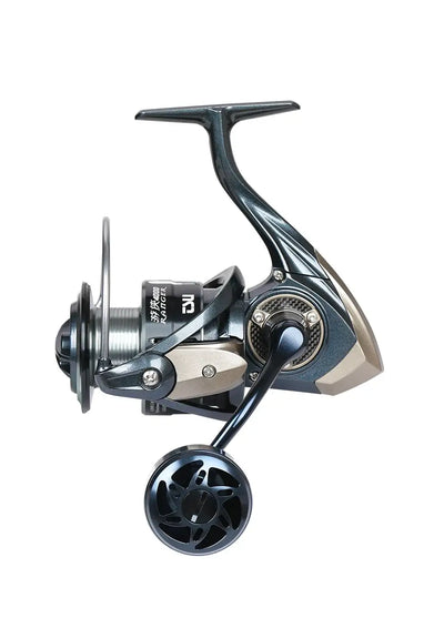 Black and silver spinning reel with large spool and protective bail guard