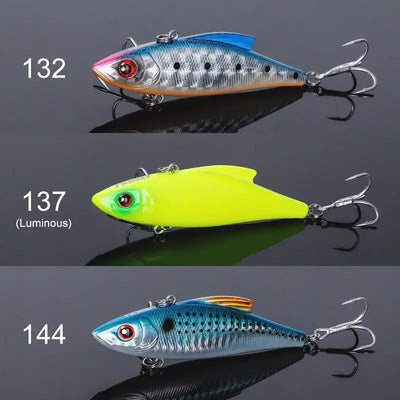 Hard crankbait set: silver-blue, neon yellow, and blue patterned lures with treble hooks