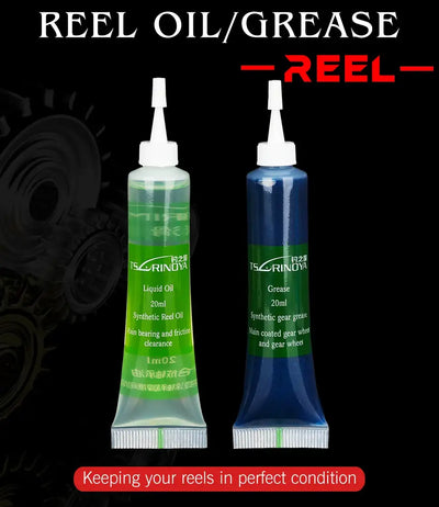 Tsurinoya reel oil and grease tubes, green liquid oil and blue grease squeeze bottles