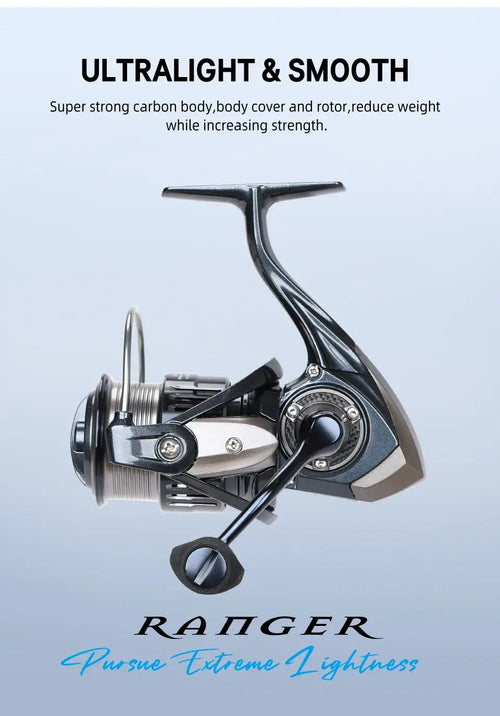Ultralight and smooth spinning reel with blue-black carbon frame, deep spool, and handle knob