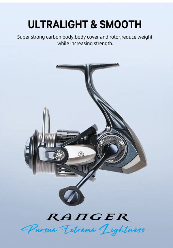 Ultralight and smooth spinning reel with blue-black carbon frame, deep spool, and handle knob