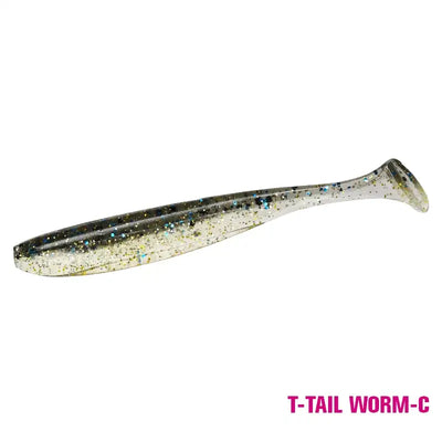 Soft T-tail worm lure, silver with dark back and blue glitter speckles