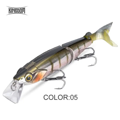 Gray-black floating minnow lure with T-tail and three treble hooks
