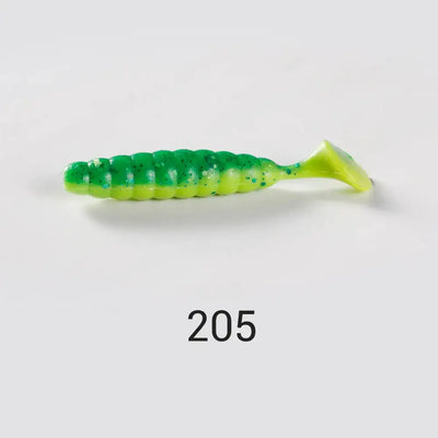 Artificial silicone ribbed grub swimbait, green chartreuse with speckles and tail fin