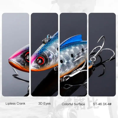 Lipless crankbait lure close-up with 3D eyes, colorful body, and treble hooks