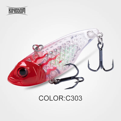 Fishing crankbait lure in red and clear with iridescent scales and two treble hooks