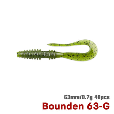 63mm soft plastic worm lure, olive green with scattered black speckles