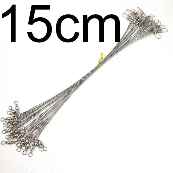 Silver steel fishing wire leader set with swivels, bundled leaders, about 15 cm length.