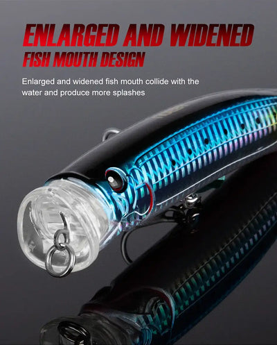 Blue topwater lure close-up with clear front, striped body, and wide mouth action