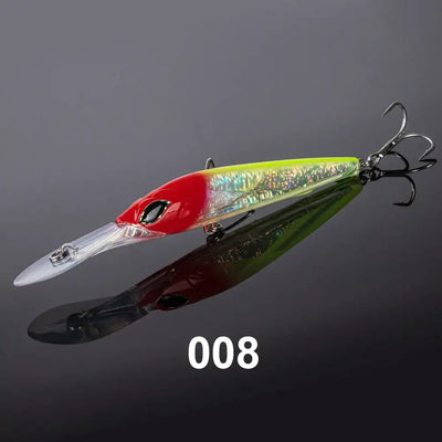 Red-and-green trolling minnow lure with 3D eye and two treble hook sets