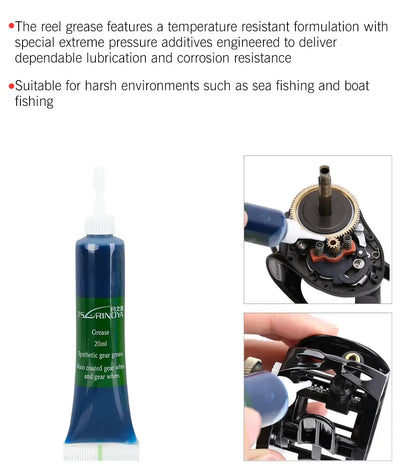 Tsurinoya grease tube for reel maintenance, blue squeeze bottle with green label