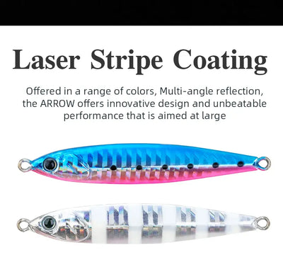 Blue/pink and white striped metal fishing jigs with double hooks and laser-like coating