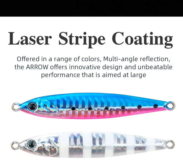 Blue/pink and white striped metal fishing jigs with double hooks and laser-like coating