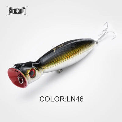 Floating popper fishing lure, black/yellow back, white body, red mouth, 2 treble hooks
