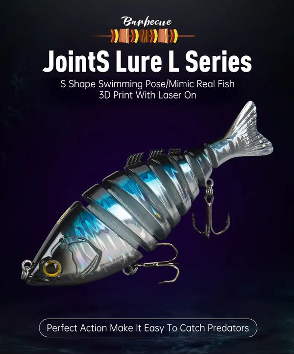 Multi-jointed hard fishing lure, blue-silver swimbait with treble hooks
