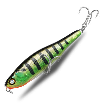 Surface walker pencil fishing lure, green with black stripes, with treble hooks