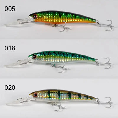 Saltwater trolling minnow wobbler set of three: green, teal, and gold with treble hooks