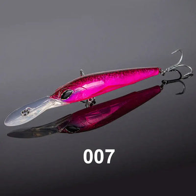 Magenta trolling minnow lure with 3D eye and two treble hook sets