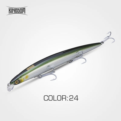 Kingdom Isca long-cast swimbait lure, green-and-white body, two treble hooks