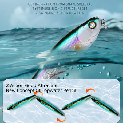 Topwater pencil lure with teal-green metallic body, white belly, and treble hooks