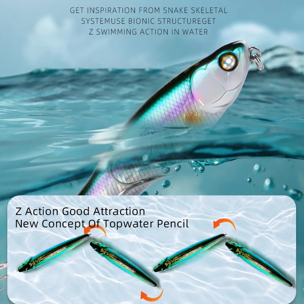 Topwater pencil lure with teal-green metallic body, white belly, and treble hooks