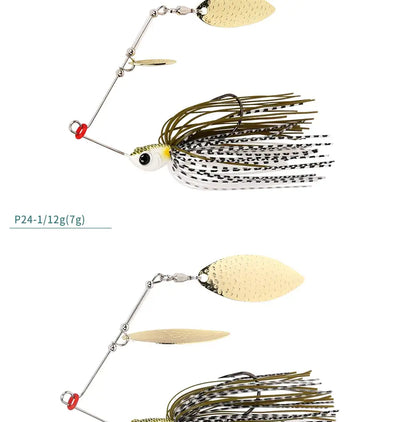 Spinner bait lure with gold blades, white-and-black striped wire skirt, and treble hooks