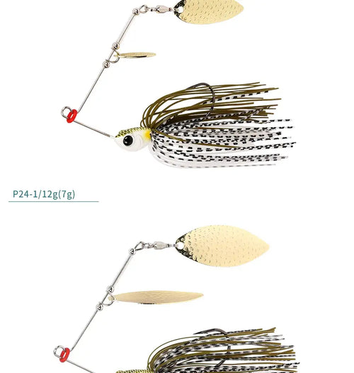 Spinner bait lure with gold blades, white-and-black striped wire skirt, and treble hooks