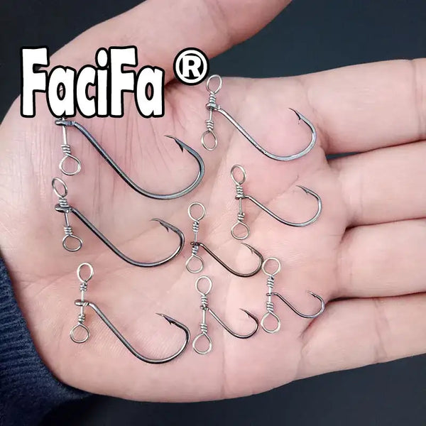Pack of metal drop shot hooks, multiple dark J-hooks with eyelet rings in palm