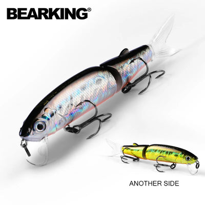 Jointed swimbait lure, blue-silver metallic hard body with two treble hooks