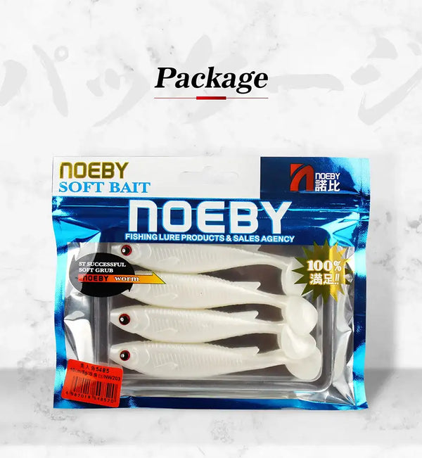 Noeby paddle tail shad swimbait 4-pack, white soft baits in retail package
