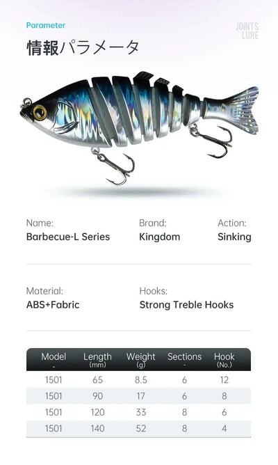 Multi-jointed hard fishing lure in side profile, silver-blue body, treble hooks