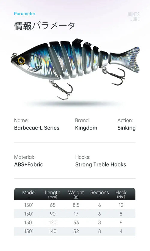 Multi-jointed hard fishing lure in side profile, silver-blue body, treble hooks
