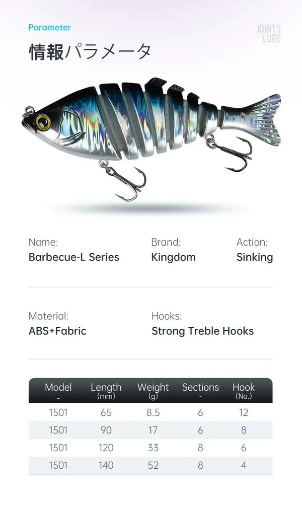 Multi-jointed hard fishing lure in side profile, silver-blue body, treble hooks
