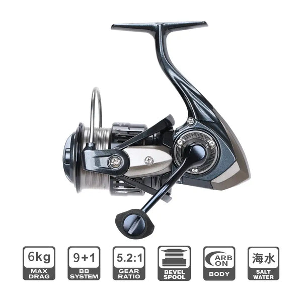 Silver spinning reel with dark bail arm and front drag knob