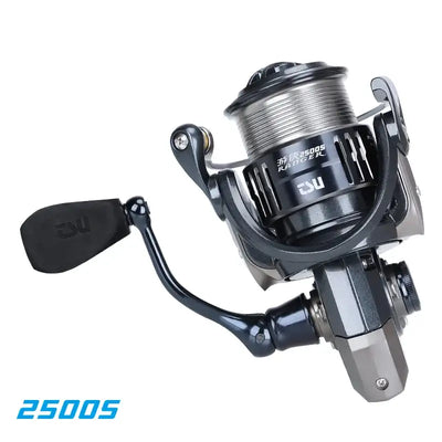 Spinning fishing reel, Ranger 2500S, black and silver spool with folding handle