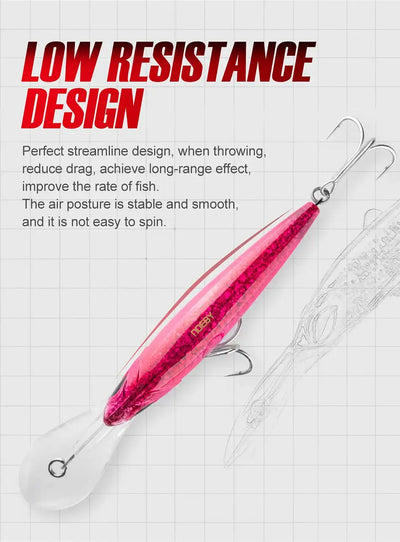 Pink trolling minnow lure with treble hooks and clear tail fin