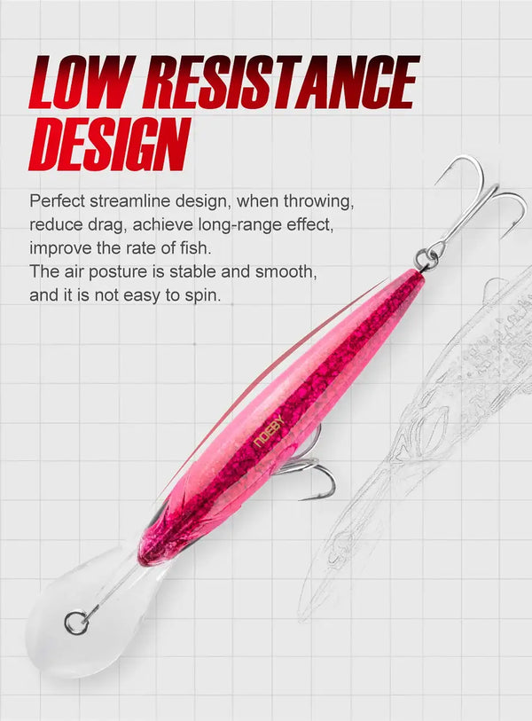 Pink trolling minnow lure with treble hooks and clear tail fin