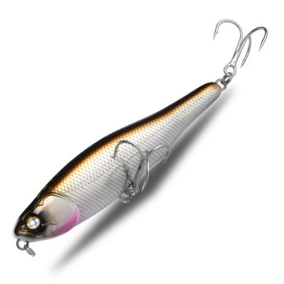 Topwater pencil fishing lure with silver-white body, gold-black back, treble hooks