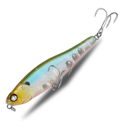 Topwater pencil fishing lure with translucent white body, green cap, treble hooks