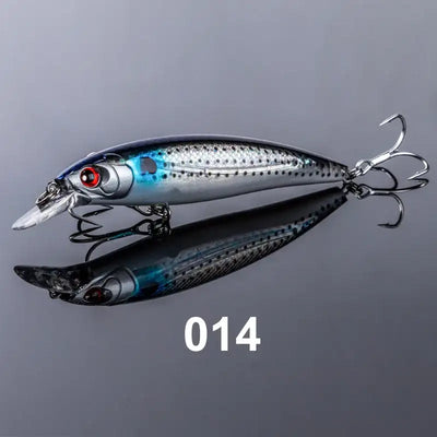 Silver-blue floating minnow jerkbait with black-blue accents, red eye, treble hooks