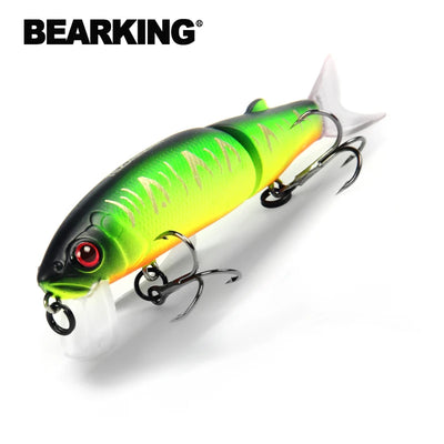 Jointed swimbait lure, green back and black tail hard body with two treble hooks