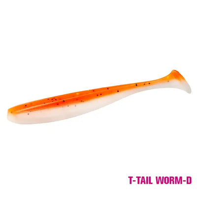 Artificial soft T-tail lure, orange with darker speckles and translucent body