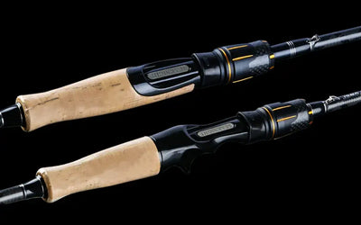 Spinning fishing rod with cork handle and black reel seat, two sections shown