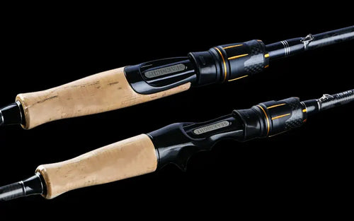 Spinning fishing rod with cork handle and black reel seat, two sections shown